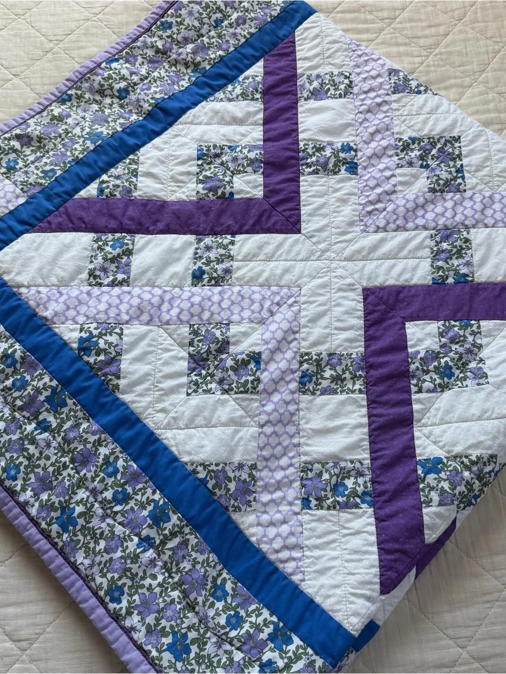 Vintage Handmade Garden Maze Quilt 52”x52” Purple Floral Cottagecore